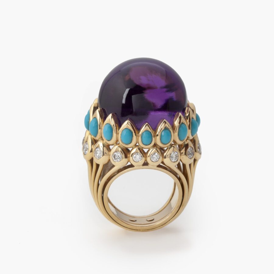 An eighteen carat yellow gold ring set with amethyst, turquoises and brilliant cut diamonds. Signed Cartier Paris, made ca 1960, and numbered. 