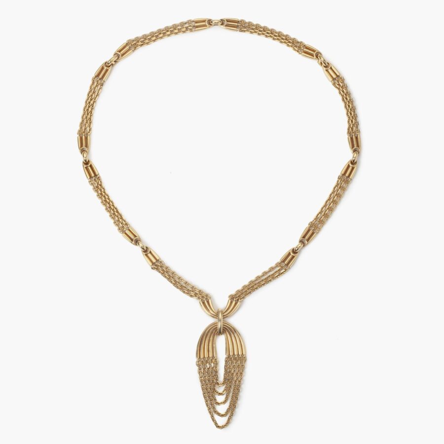 A yellow gold necklace; to be worn als longchain, as short necklace with bracelet, with or without pendant or the pendant seperate. Van Cleef & Arpels, Paris, ca 1970. 