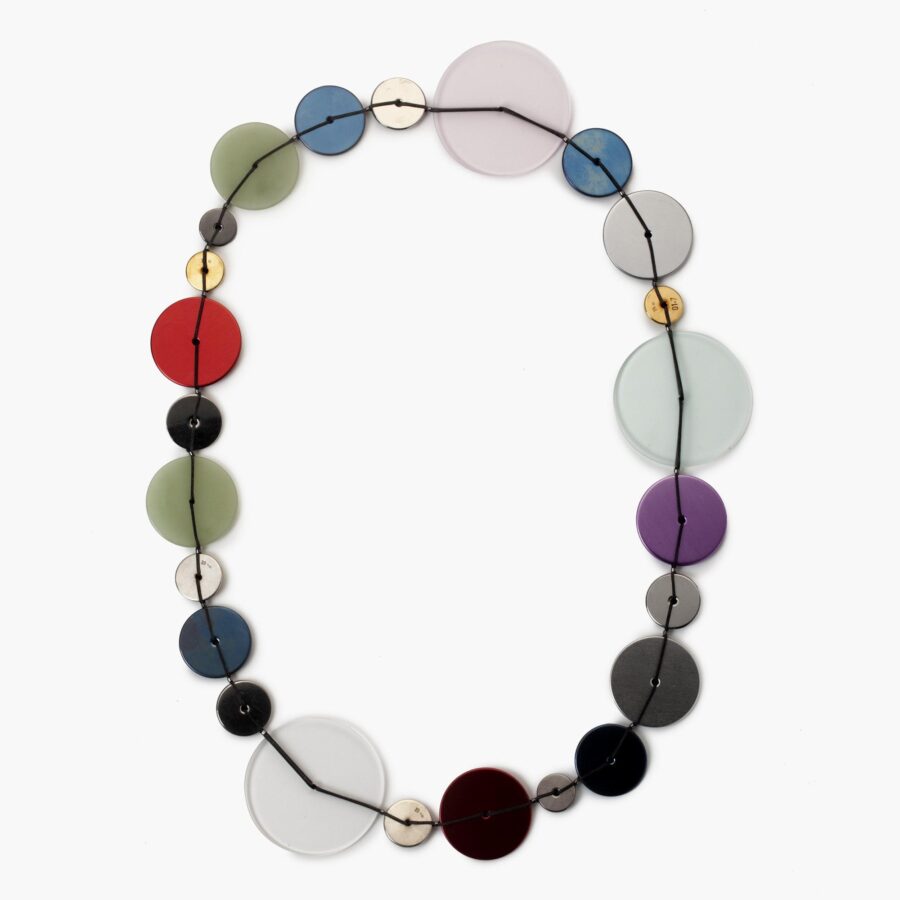 A necklace “Necklace 4 Point 3” made of 24 different round discs, with maker’s mark of Gijs Bakker, The Netherlands, numbered 1/7, designed in 2016.