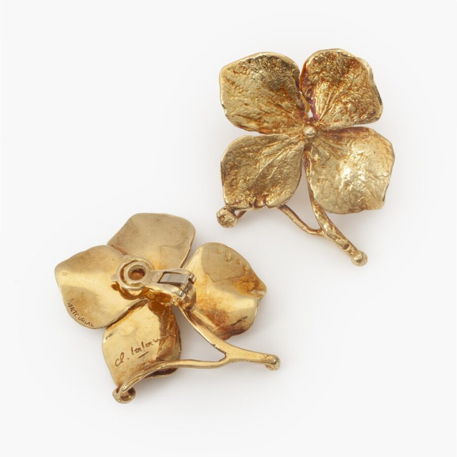 A pair of eighteen carat yellow gold ‘Hortensia’ clip earrings. Signed Claude Lalanne for Artcurial, Paris, made ca 1980-90 and numbered.