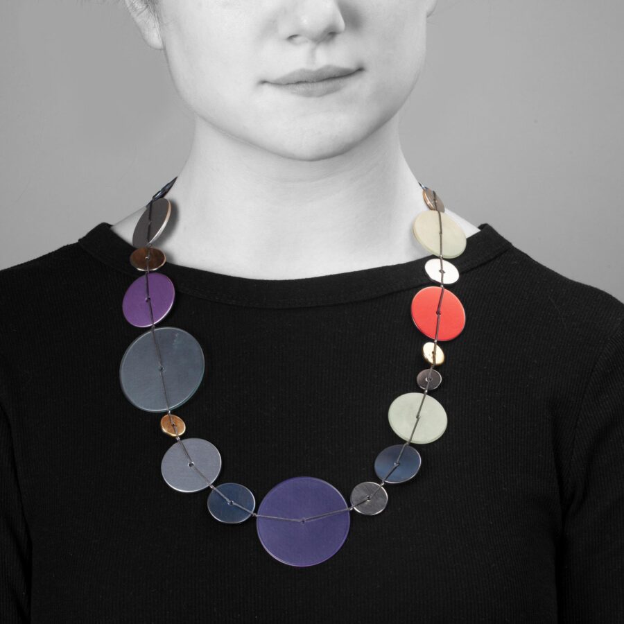 A necklace “Necklace 4 Point 3” made of 24 different round discs, with maker’s mark of Gijs Bakker, The Netherlands, numbered 1/7, designed in 2016.