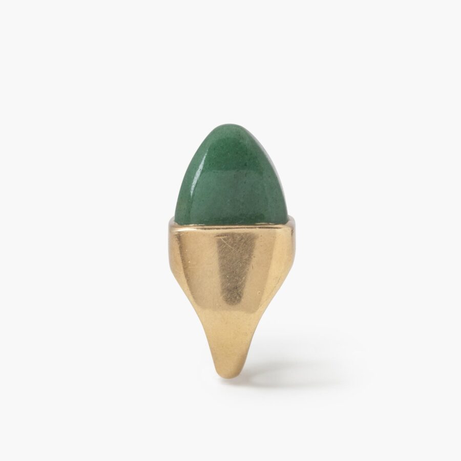 An eighteen carat yellow gold ring set with a high square cabochon cut aventurine. Signed Jean Fouquet, made in Paris, circa 1940.