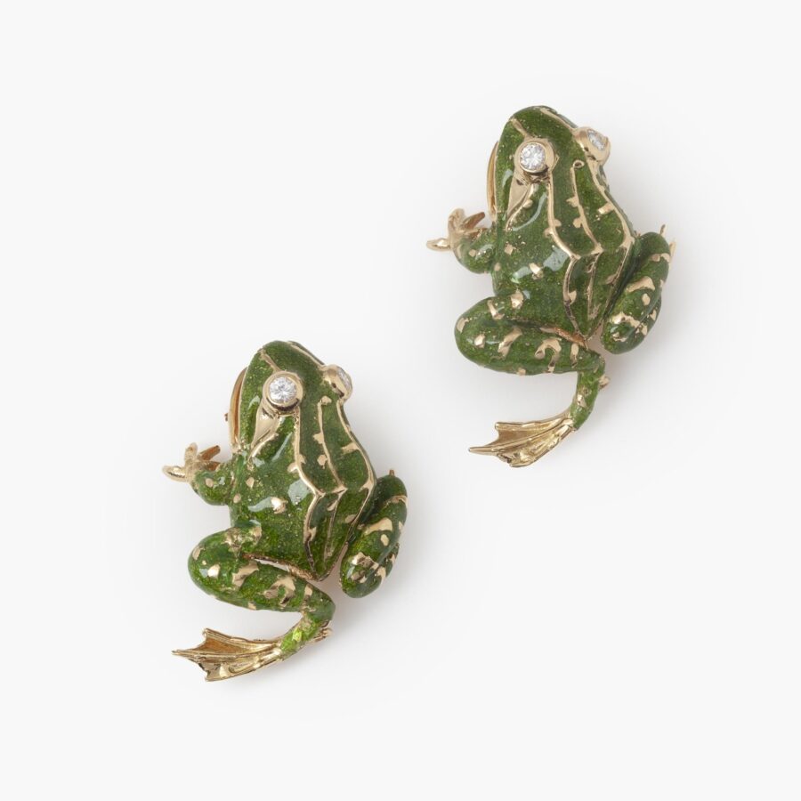 A pair of eighteen carat yellow gold brooches, each designed as a frog, with green enamel and diamond eyes. Signed Van Cleef & Arpels, Paris, 1966.